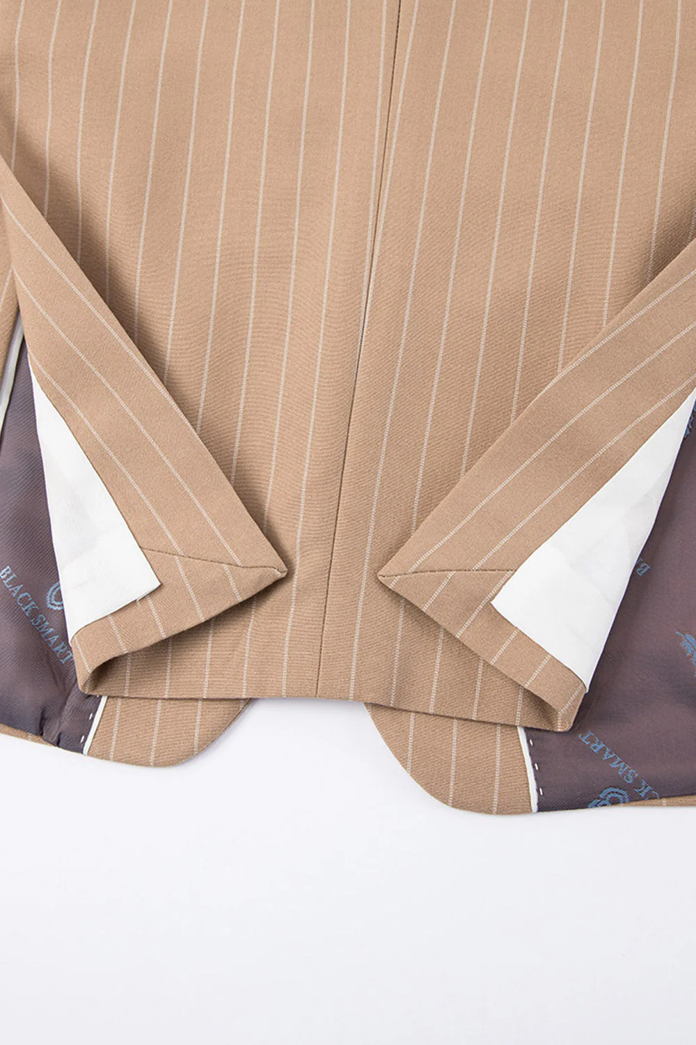 Beige Striped 3 Piece Notched Lapel Men's Suits - Image 9