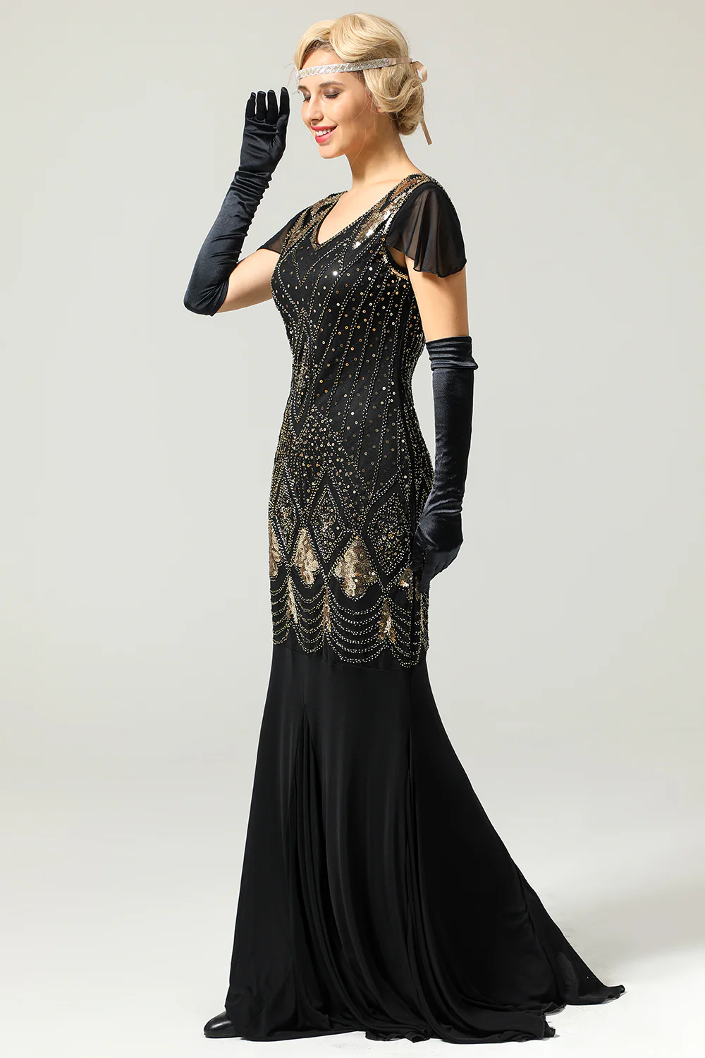 Black 1920s Sequins Flapper Long Dress - Image 3