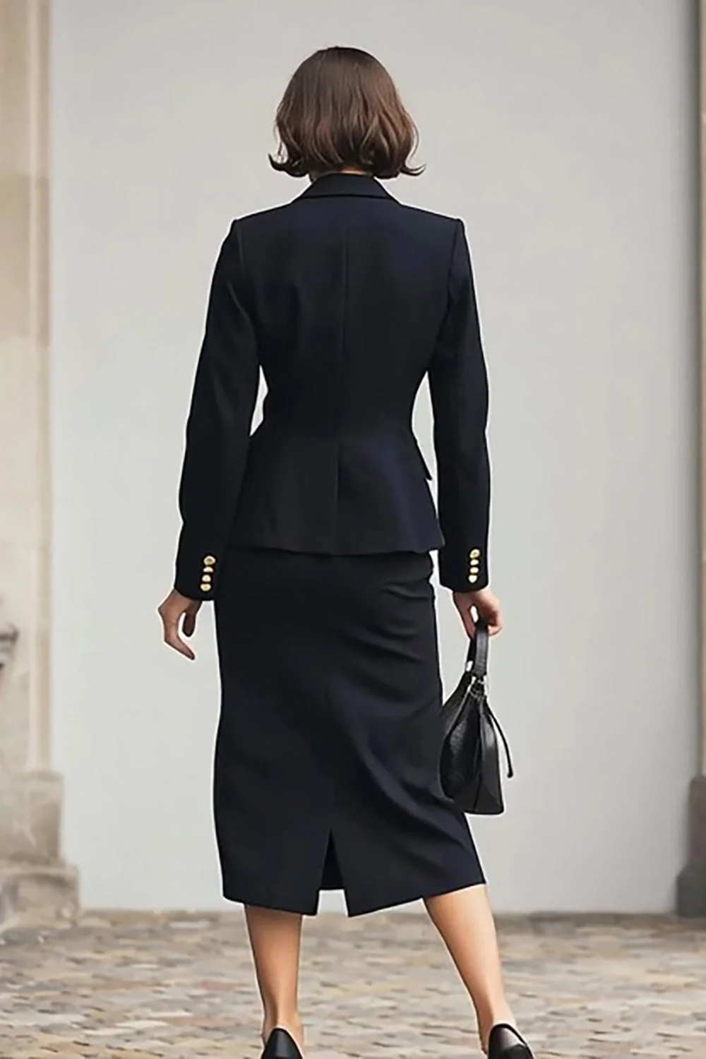 Black 2 Piece Notched Lapel Pencil Midi Work Dress - Image 2
