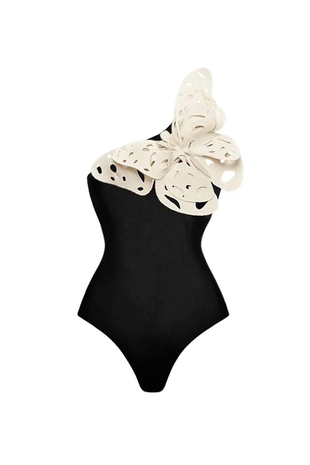 Black 2 Piece One Shoulder Appliqued Butterfly Swimsuit with Beach Dress - Image 2