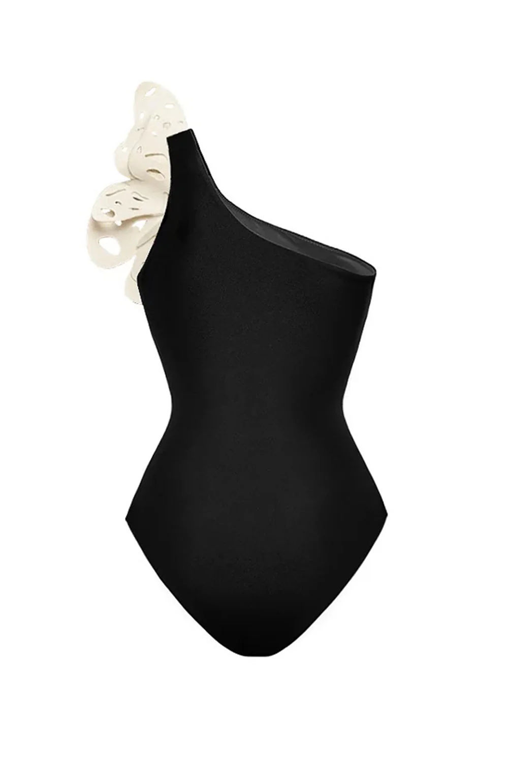 Black 2 Piece One Shoulder Appliqued Butterfly Swimsuit with Beach Dress - Image 3