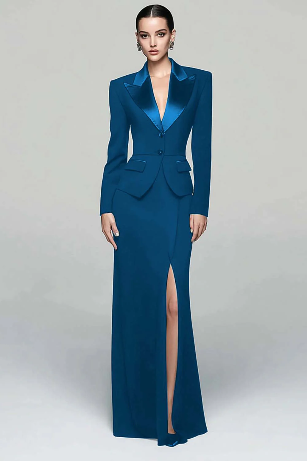 Black 2 Piece Peak Lapel Work Dress with Slit - Image 10