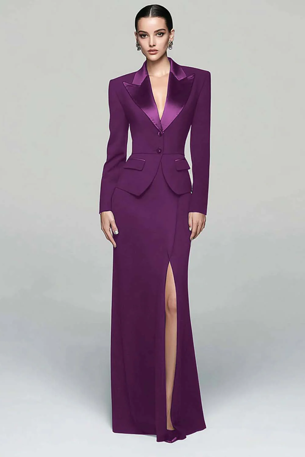 Black 2 Piece Peak Lapel Work Dress with Slit - Image 11