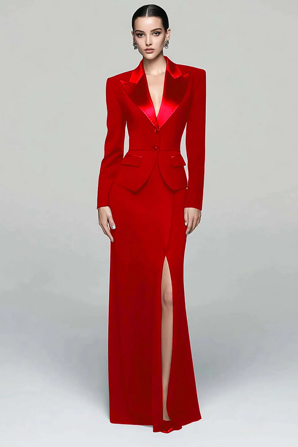 Black 2 Piece Peak Lapel Work Dress with Slit - Image 12