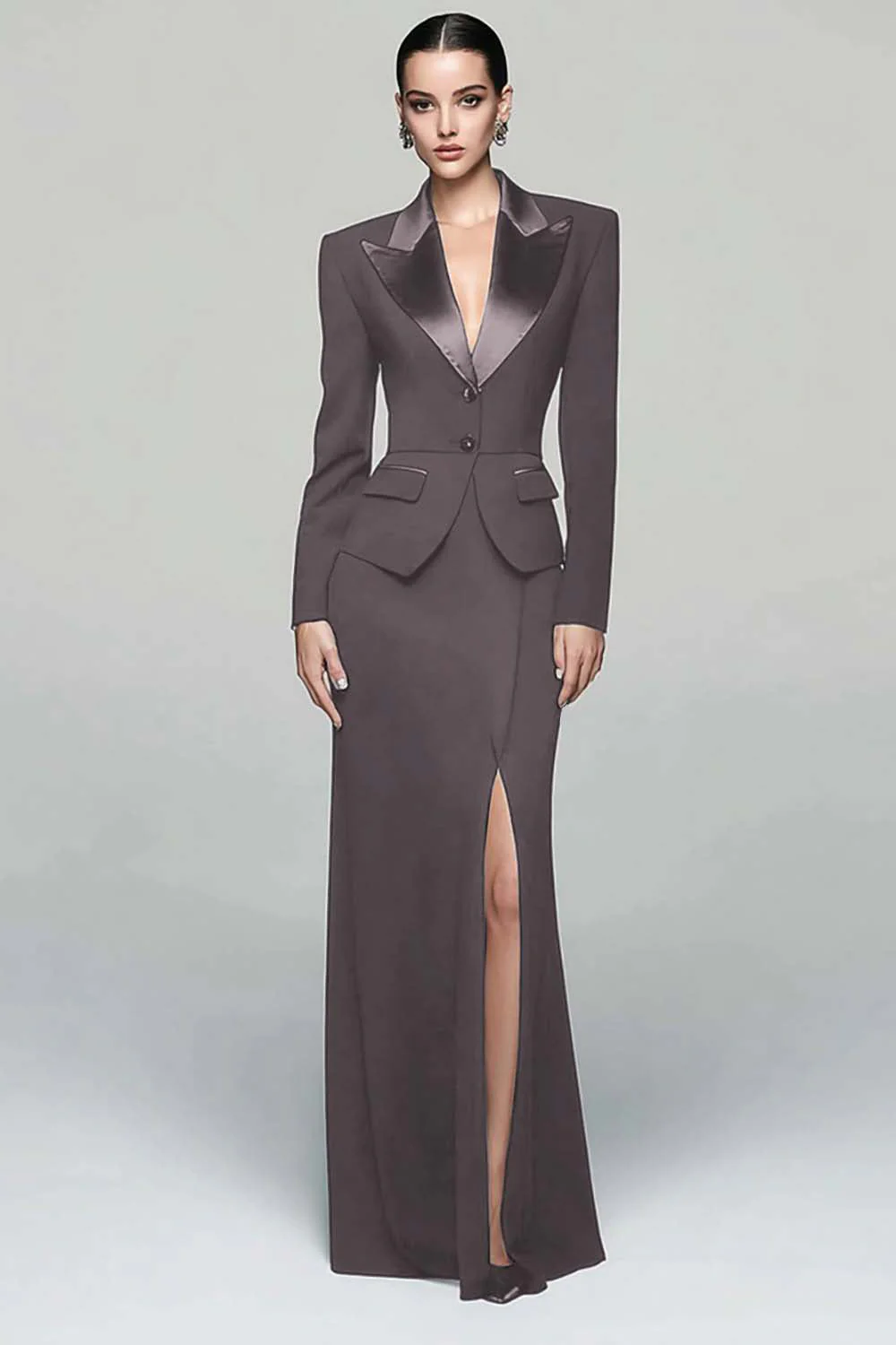 Black 2 Piece Peak Lapel Work Dress with Slit - Image 14