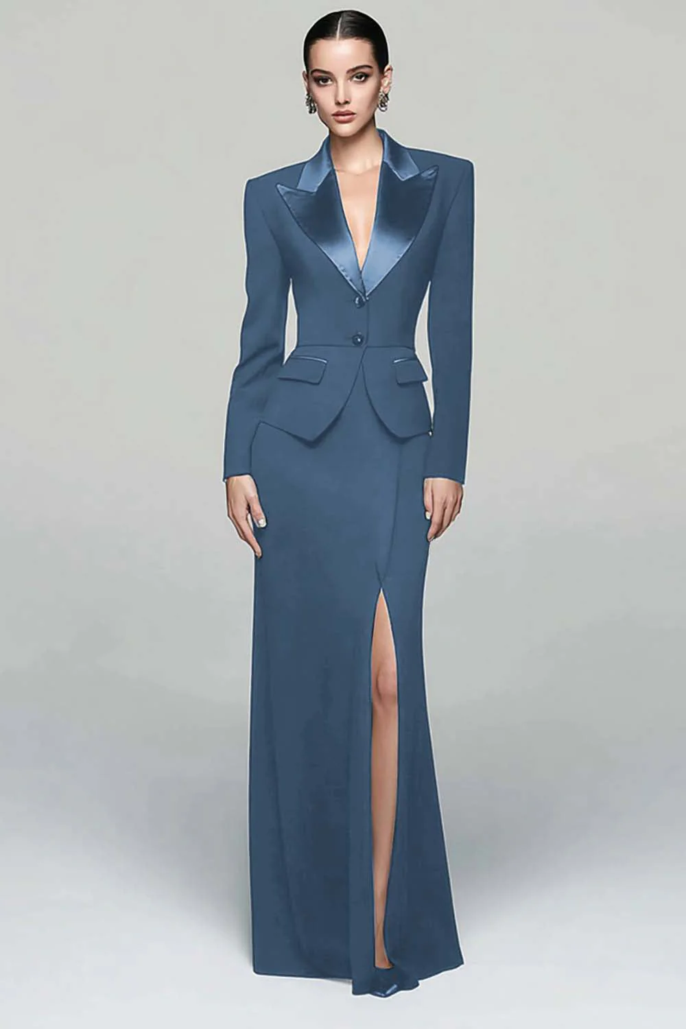 Black 2 Piece Peak Lapel Work Dress with Slit - Image 15