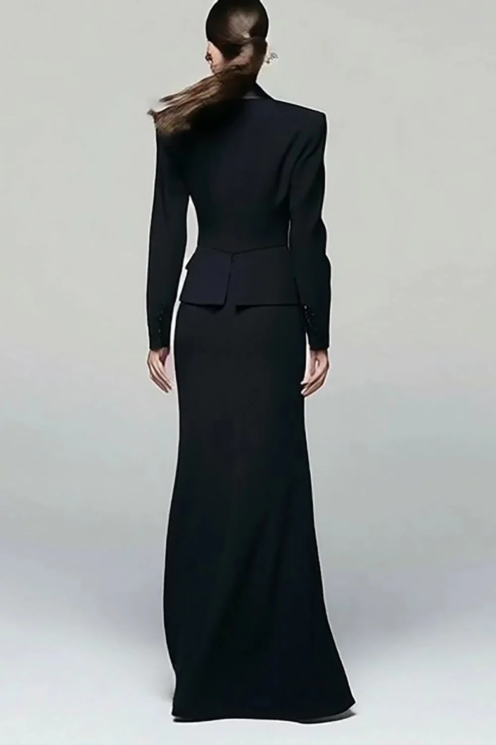 Black 2 Piece Peak Lapel Work Dress with Slit - Image 2