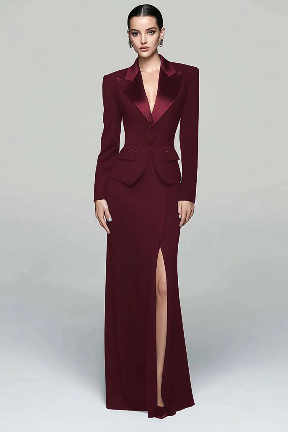 Black 2 Piece Peak Lapel Work Dress with Slit - Image 5