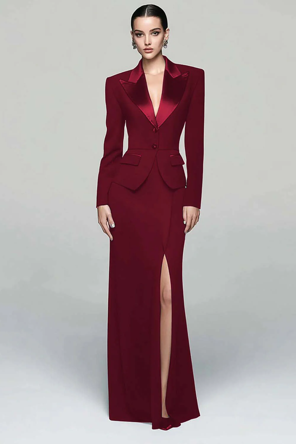 Black 2 Piece Peak Lapel Work Dress with Slit - Image 6