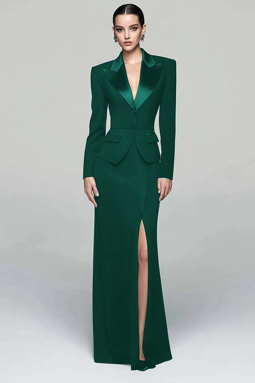 Black 2 Piece Peak Lapel Work Dress with Slit - Image 7