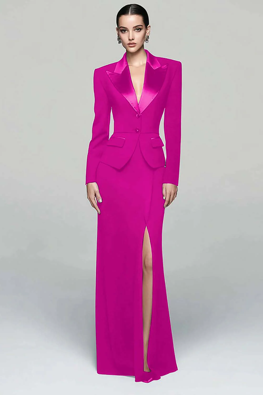 Black 2 Piece Peak Lapel Work Dress with Slit - Image 9