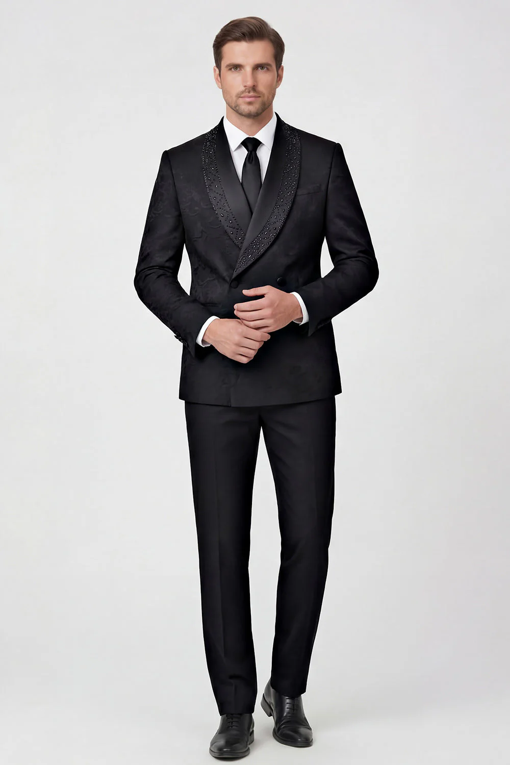 Black Shawl Lapel Jacquard 2 Piece One Button Men's Prom Suits with Beading - Image 2