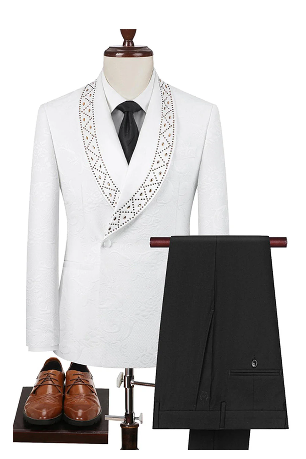 Black Shawl Lapel Jacquard 2 Piece One Button Men's Prom Suits with Beading - Image 4