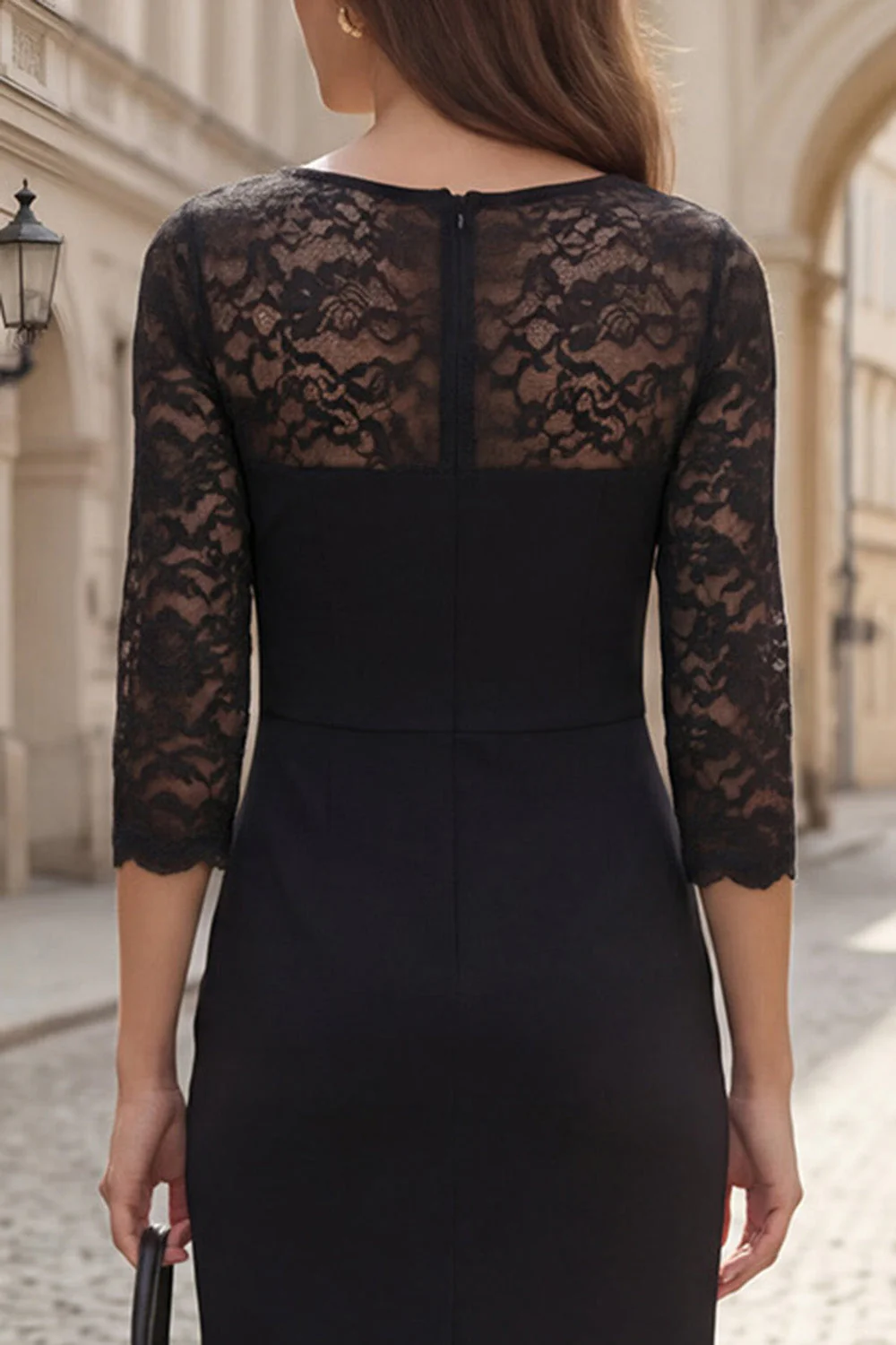 Black 3/4 Sleeve Sheath Midi Work Dress with Lace - Image 4