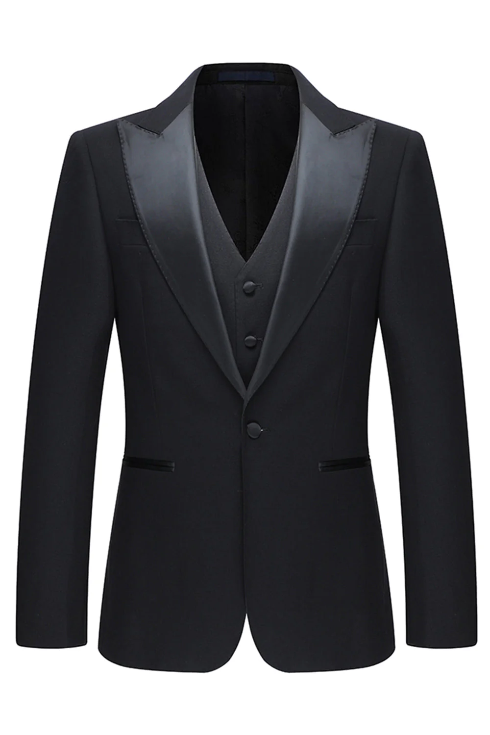 Black 3 Piece Peak Lapel Slim Fit Men's Wedding Suits - Image 2