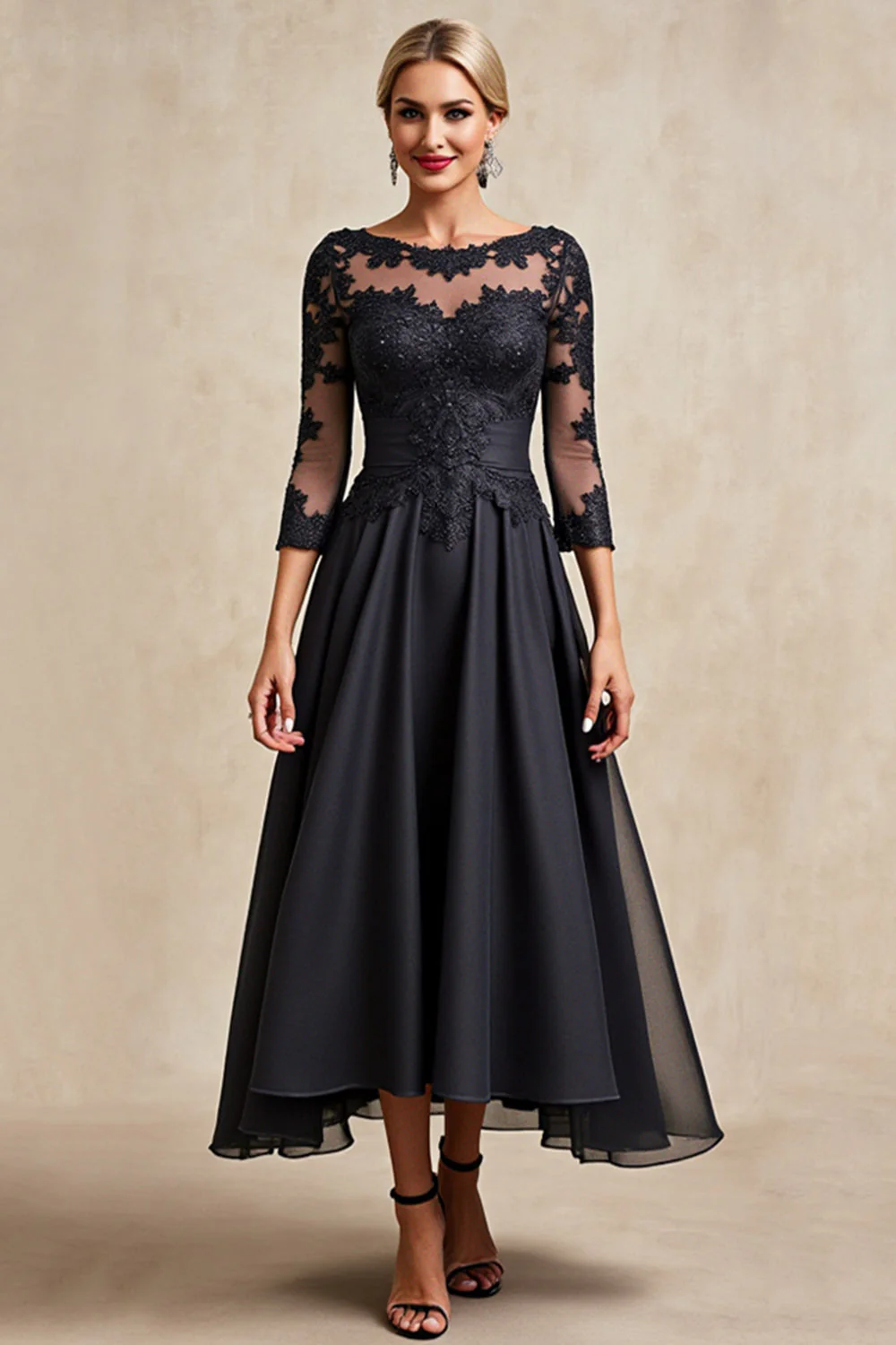 Black A Line 3/4 Sleeve Tea Length Mother of the Bride Dress with Appliques - Image 3
