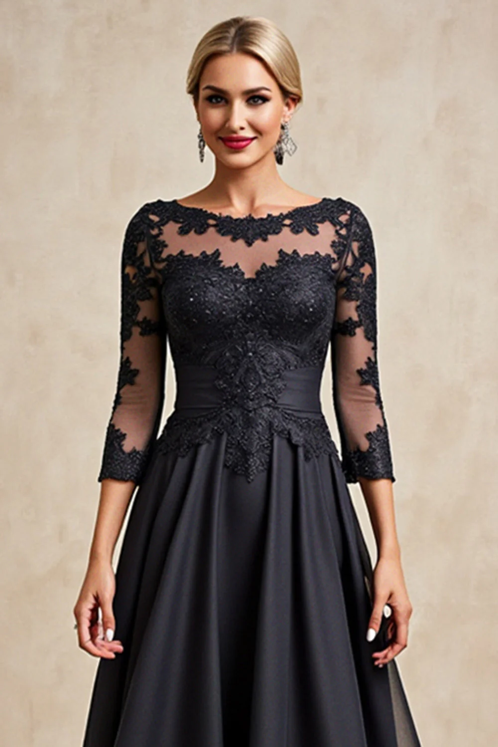 Black A Line 3/4 Sleeve Tea Length Mother of the Bride Dress with Appliques - Image 4