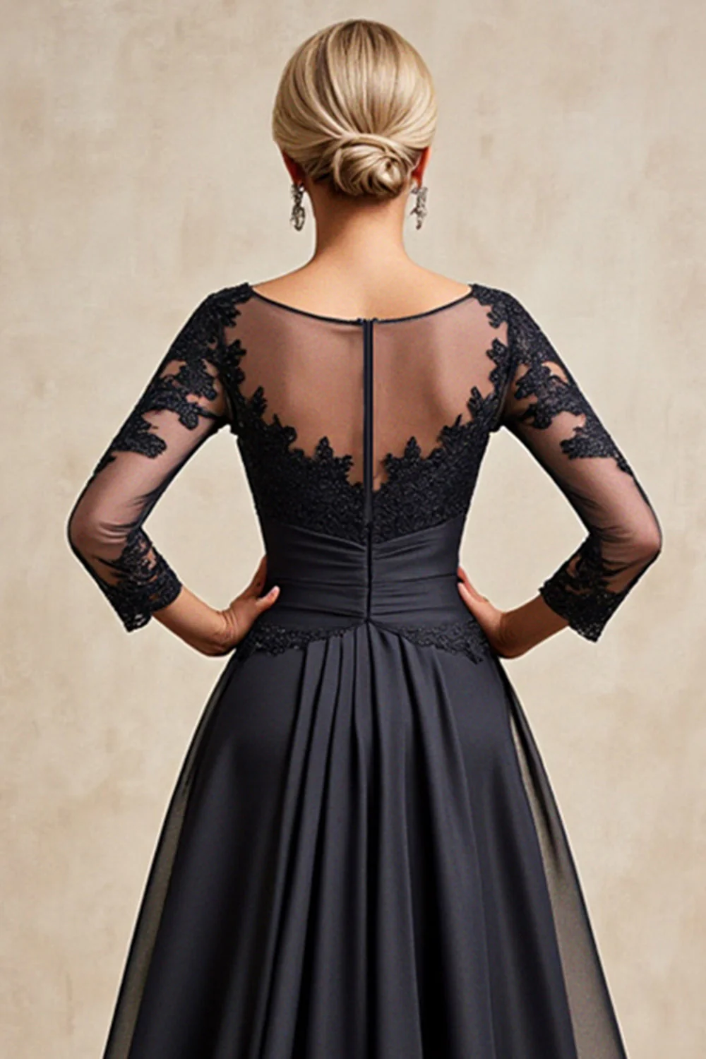 Black A Line 3/4 Sleeve Tea Length Mother of the Bride Dress with Appliques - Image 5