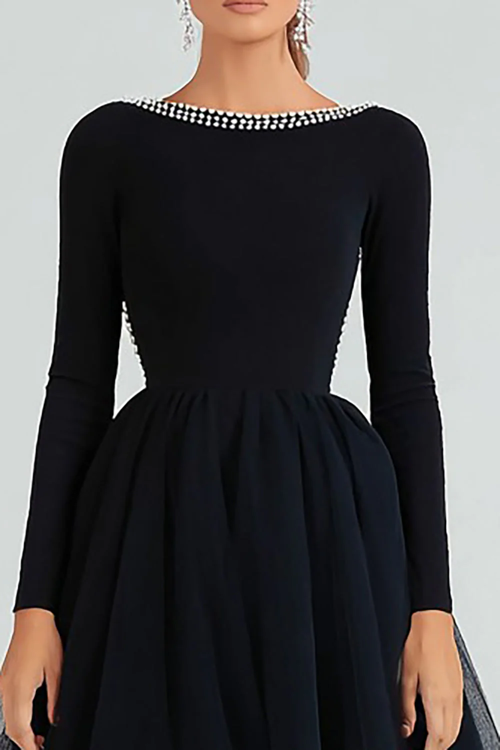 Black A Line Beaded Round Neck Long Sleeves Evening Dress - Image 2
