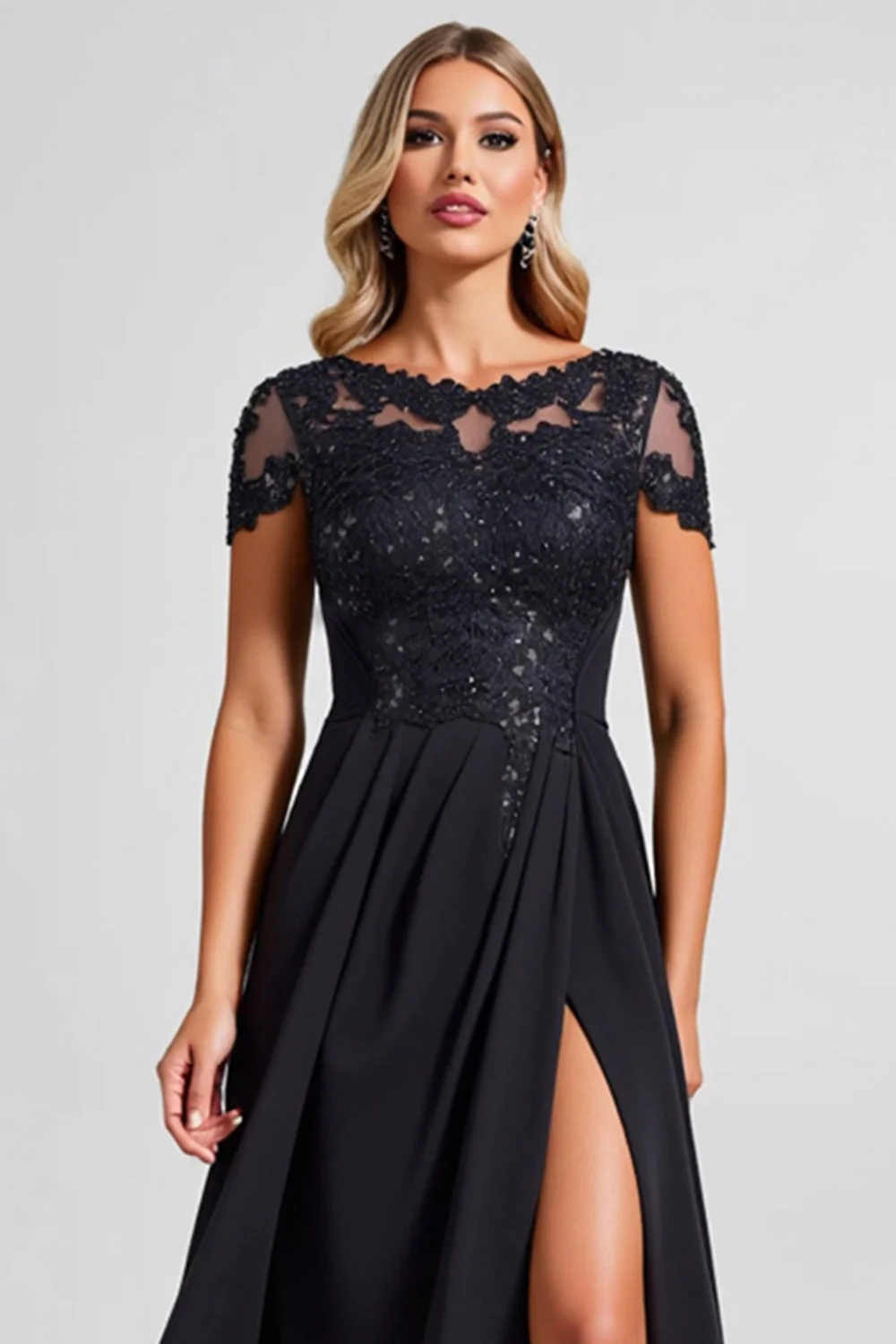 Black A Line Chiffon Applique Mother of the Bride Dress with Slit - Image 3