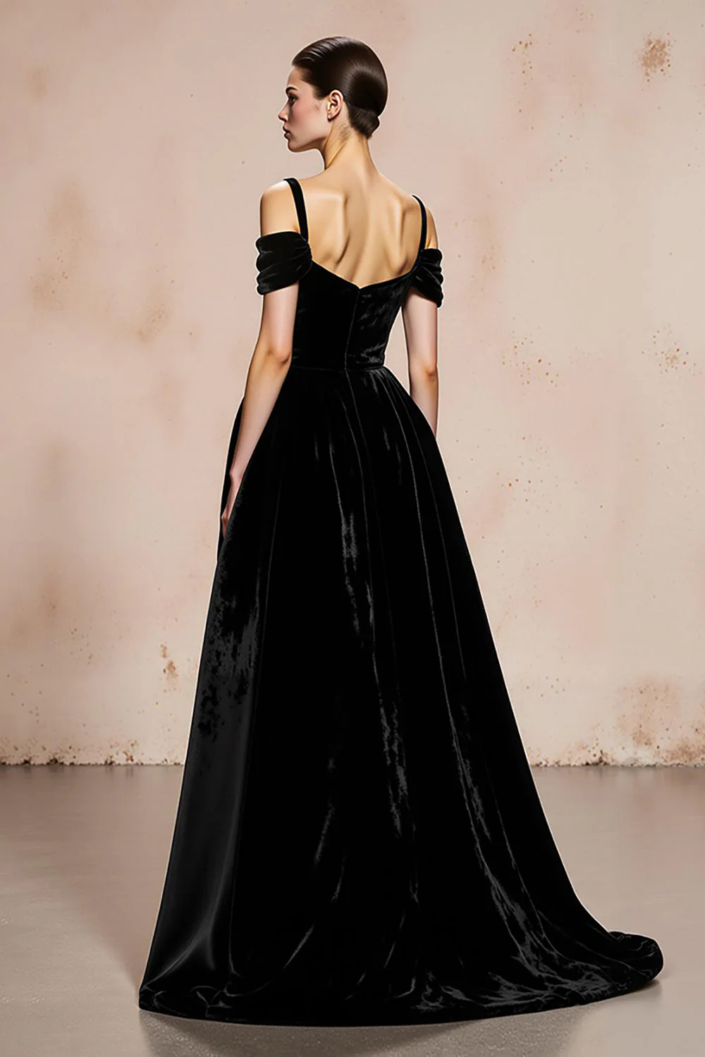 Black A-Line Cold Shoulder Velvet Long Evening Dress - Image 2