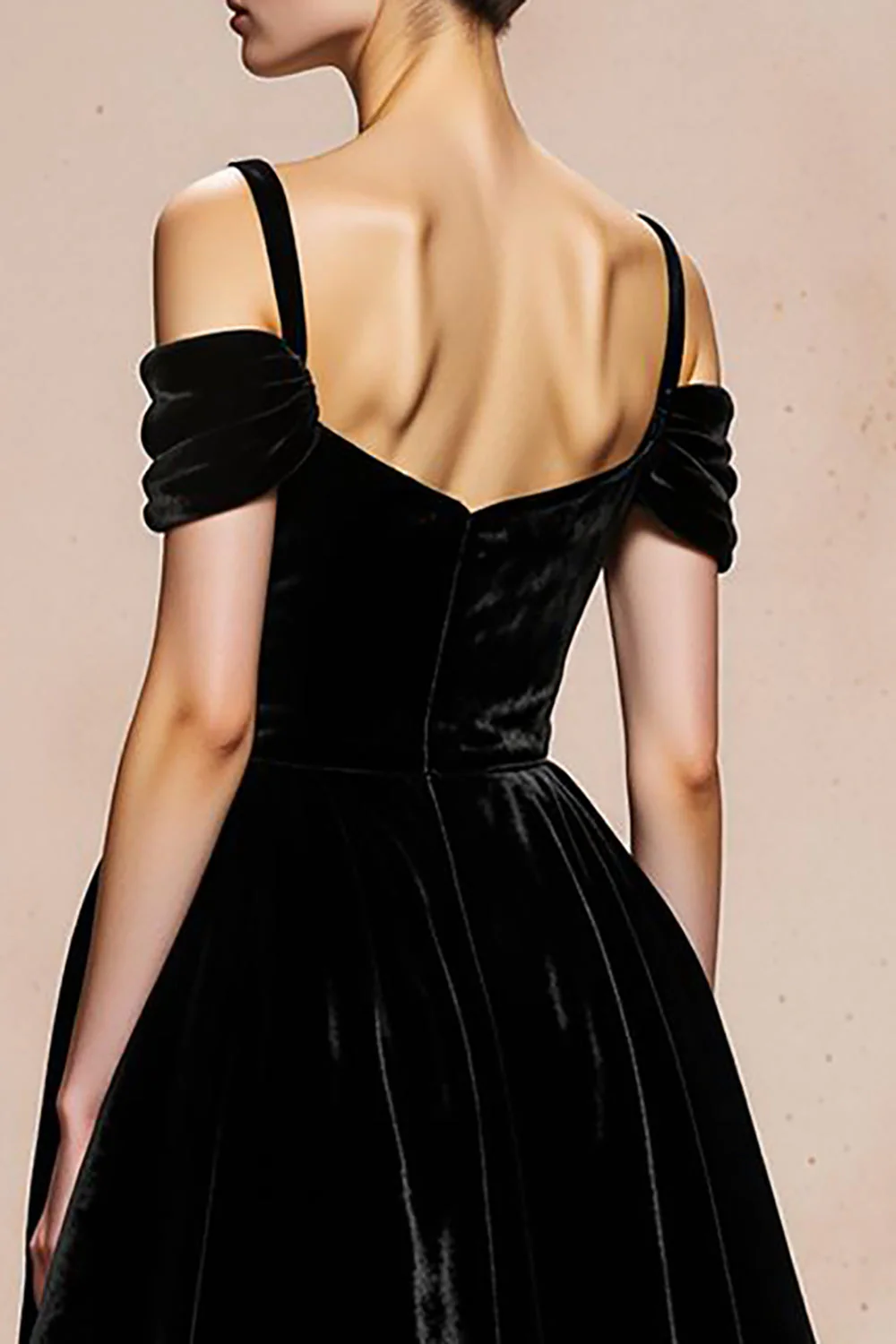 Black A-Line Cold Shoulder Velvet Long Evening Dress - Image 4