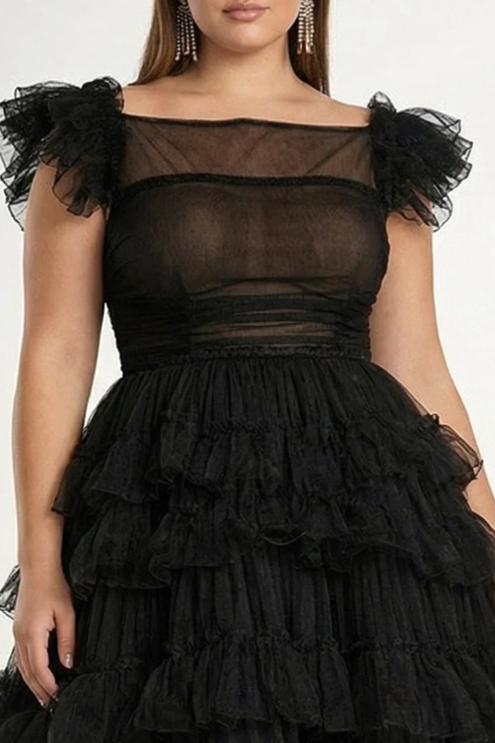 Black A-Line Flatter Sleeves Ruffled Tulle Plus Size Midi Formal Dress - Image 3