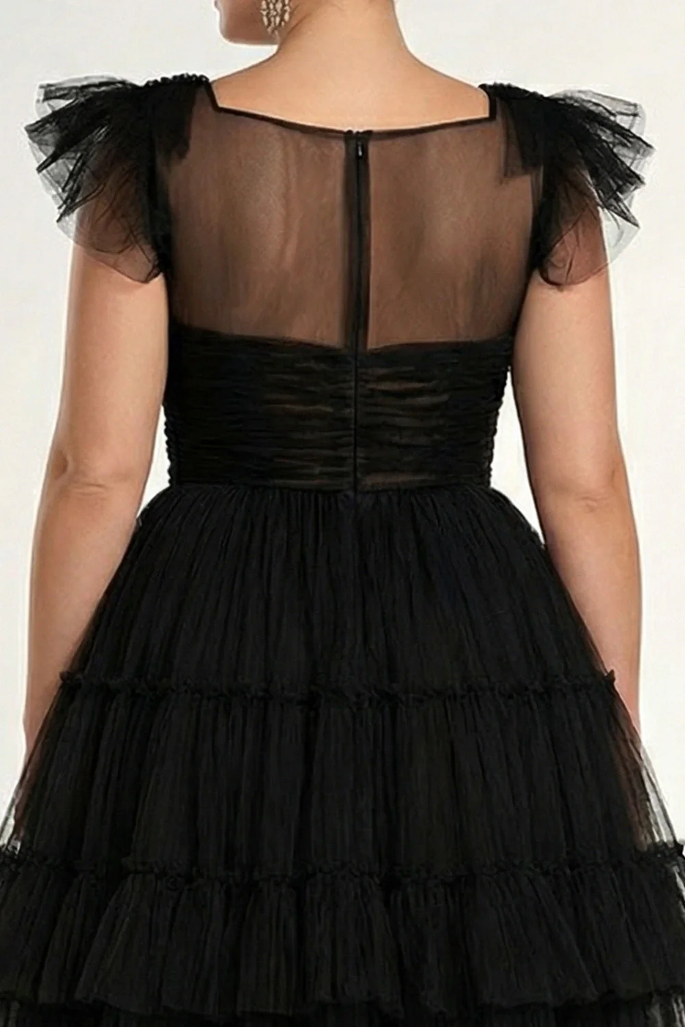 Black A-Line Flatter Sleeves Ruffled Tulle Plus Size Midi Formal Dress - Image 4