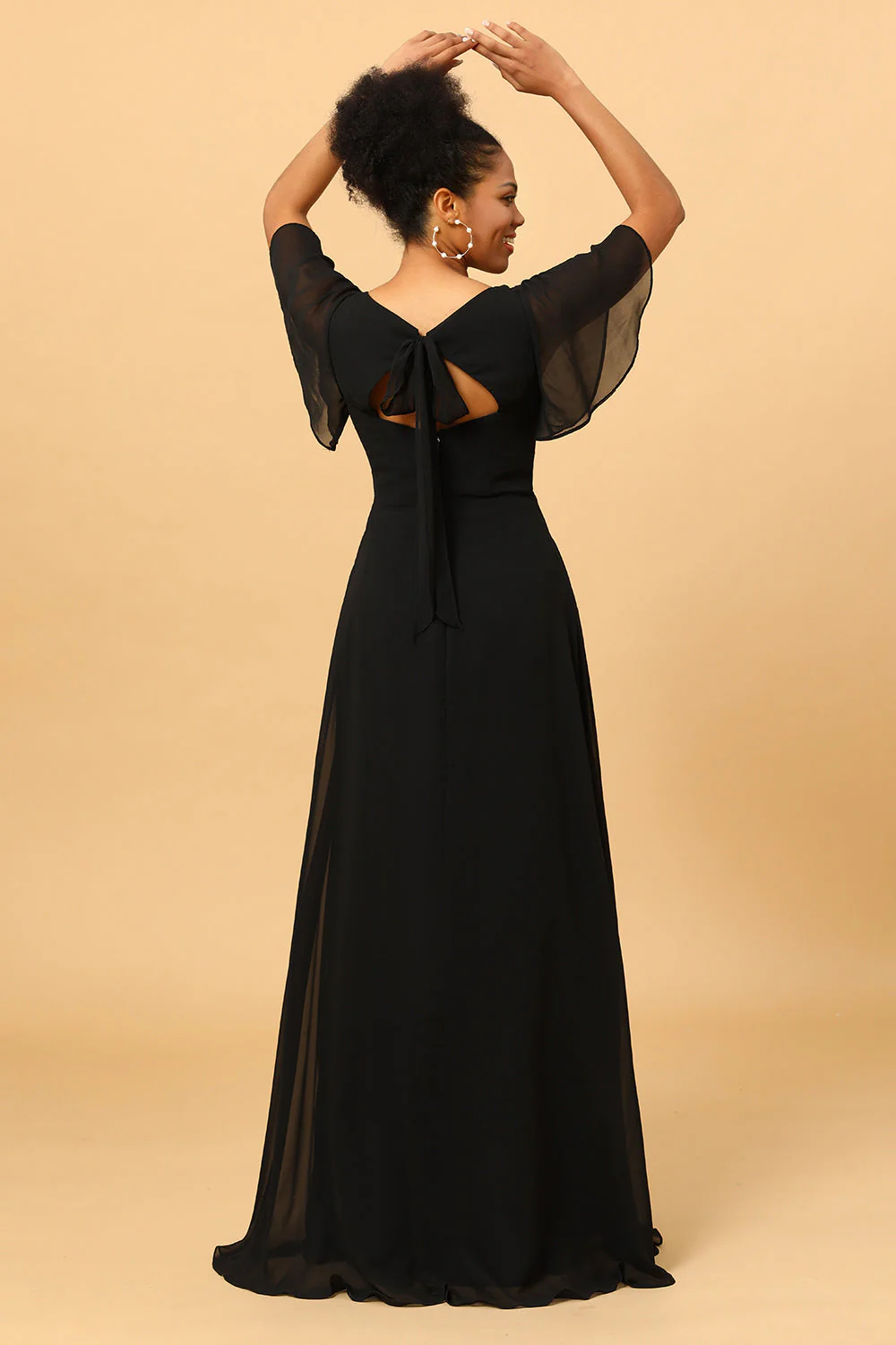 Black A Line Flutter Sleeves Long Chiffon Choir Dress with Slit - Image 3