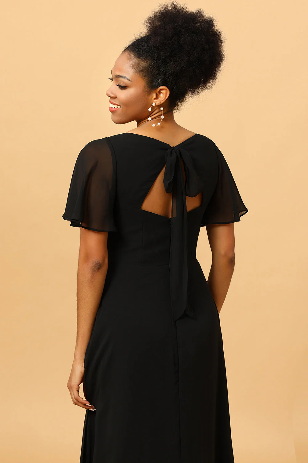Black A Line Flutter Sleeves Long Chiffon Choir Dress with Slit - Image 5