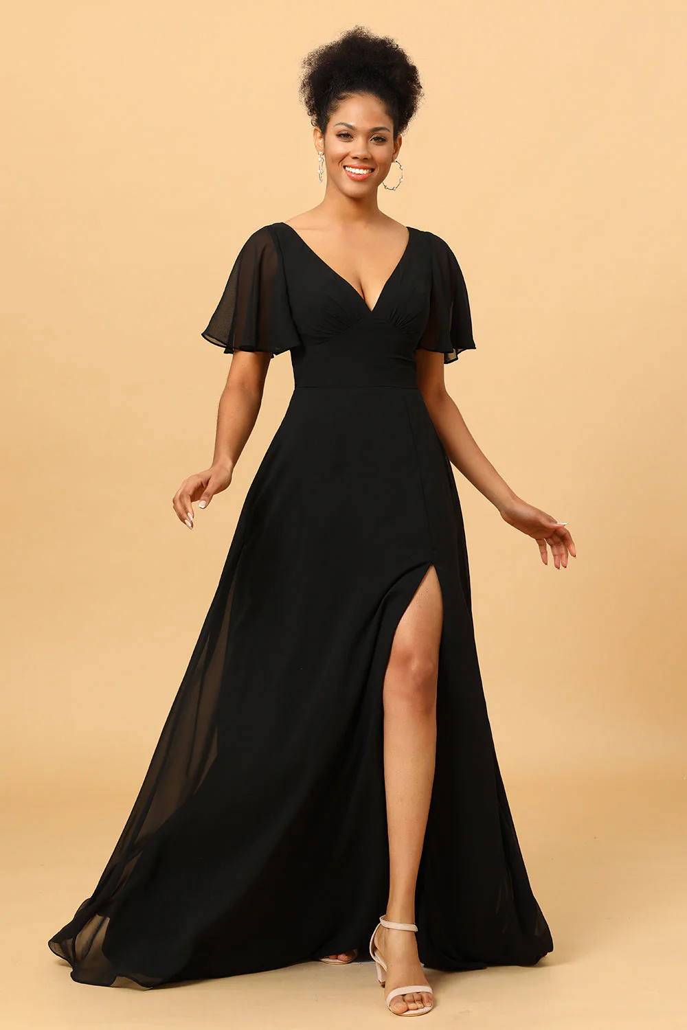 Black A Line Flutter Sleeves Long Chiffon Choir Dress with Slit - Image 6