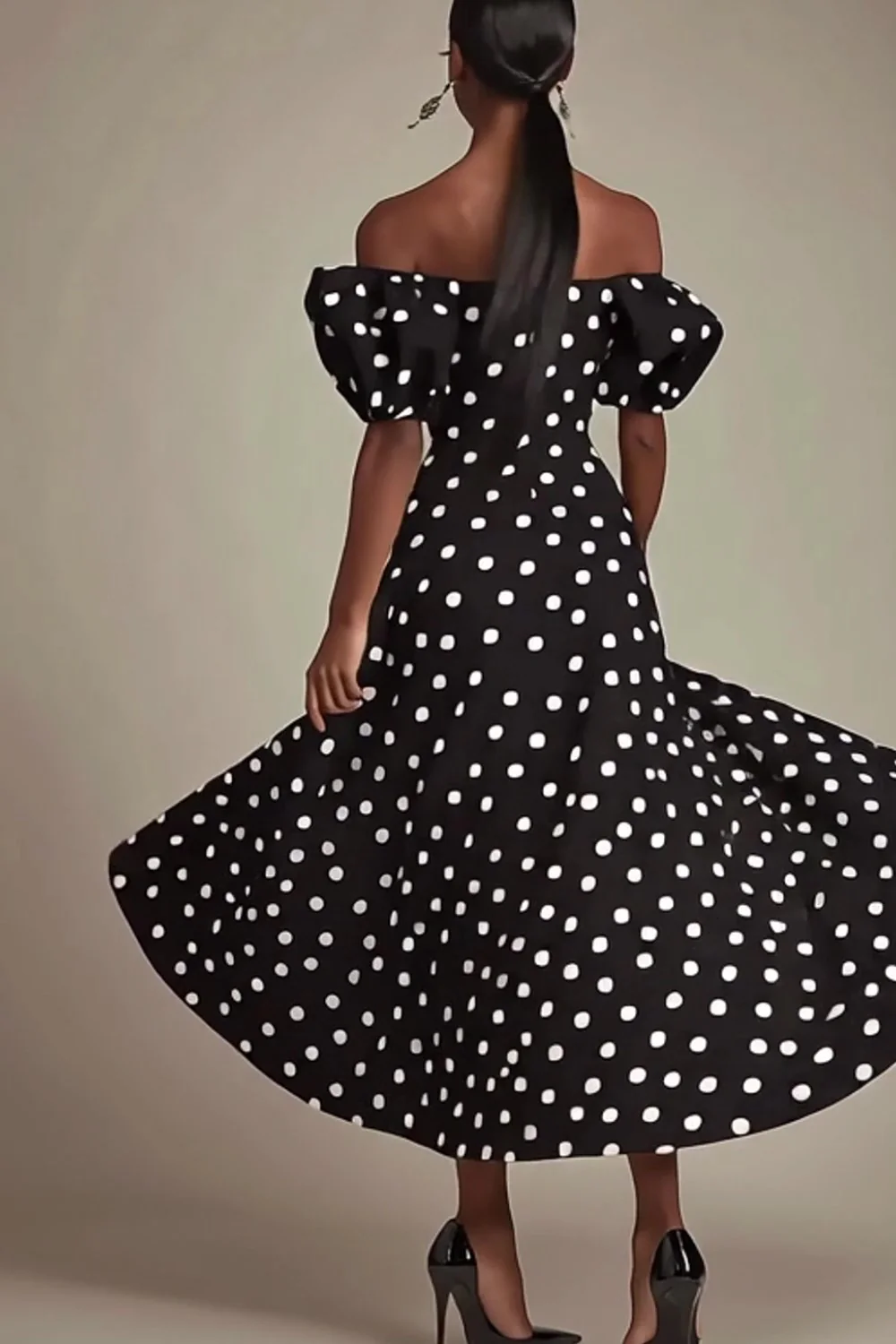 Black A Line Off The Shoulder White Polka Dots Dress with Slit - Image 2