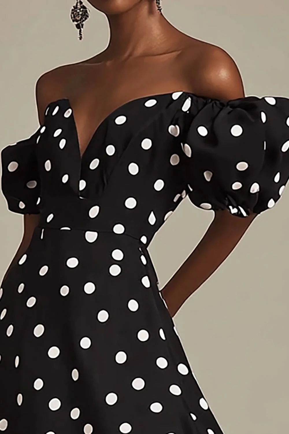 Black A Line Off The Shoulder White Polka Dots Dress with Slit - Image 3