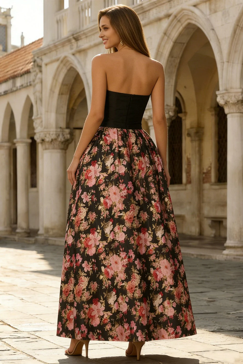 Black A-Line Printed Strapless Long Floral Dress - Image 2