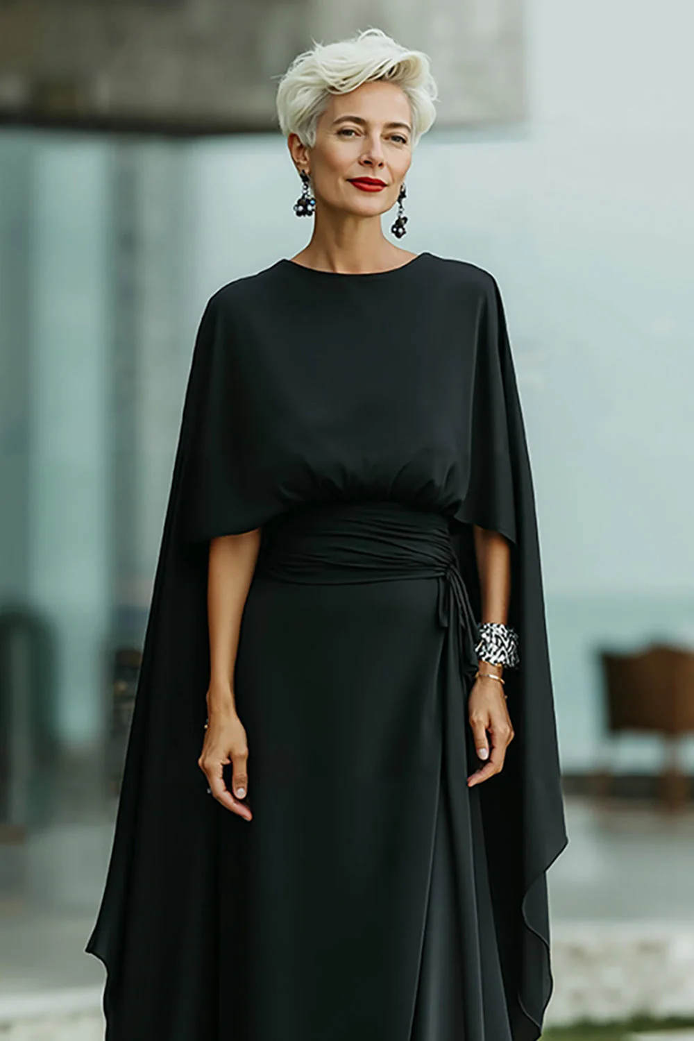 Black A-Line Round Neck Long Mother of the Bride Dress - Image 2