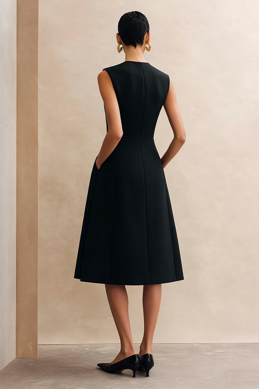 Black A Line Round Neck Midi Work Dress with Pockets - Image 2