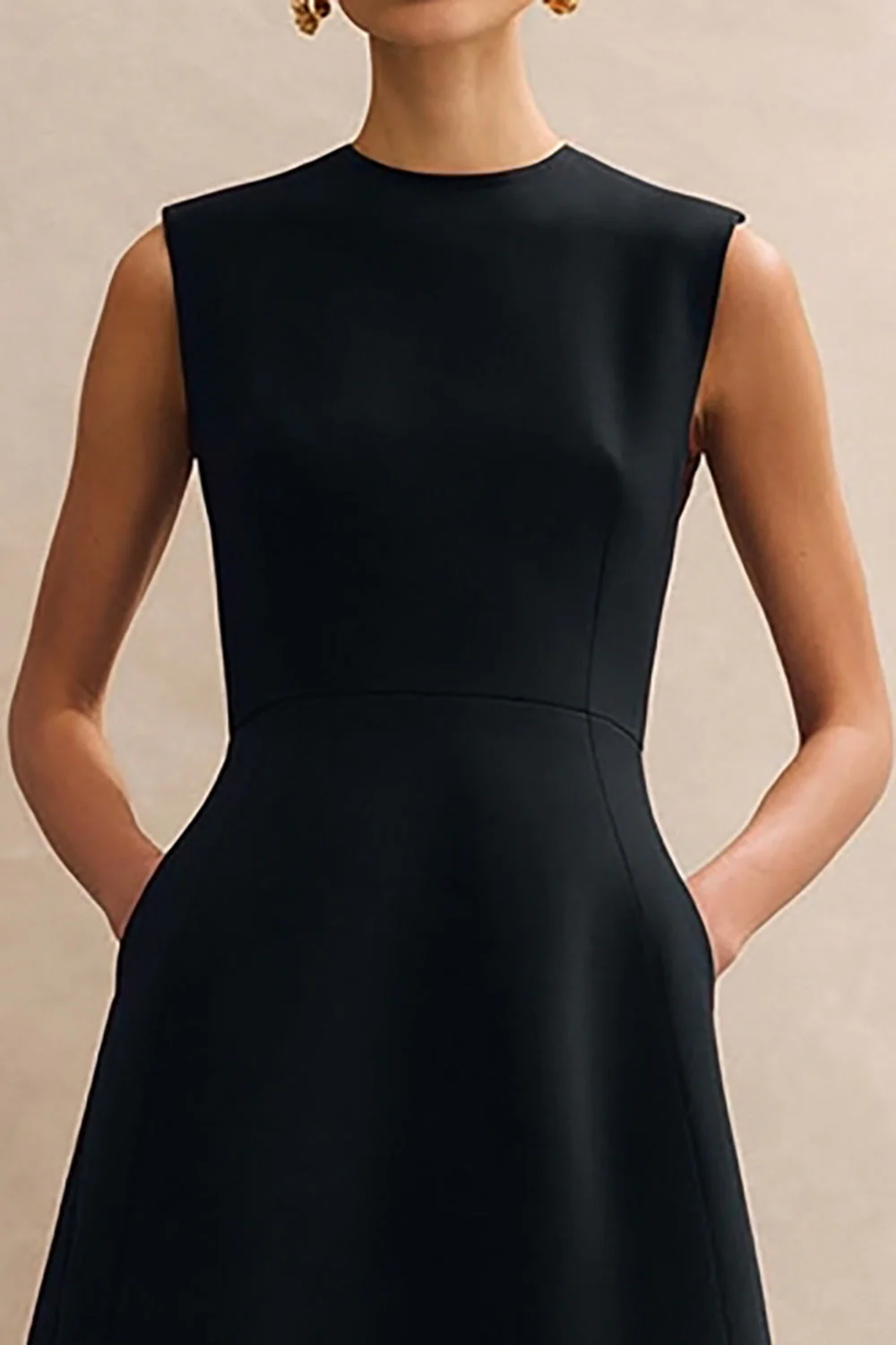 Black A Line Round Neck Midi Work Dress with Pockets - Image 3