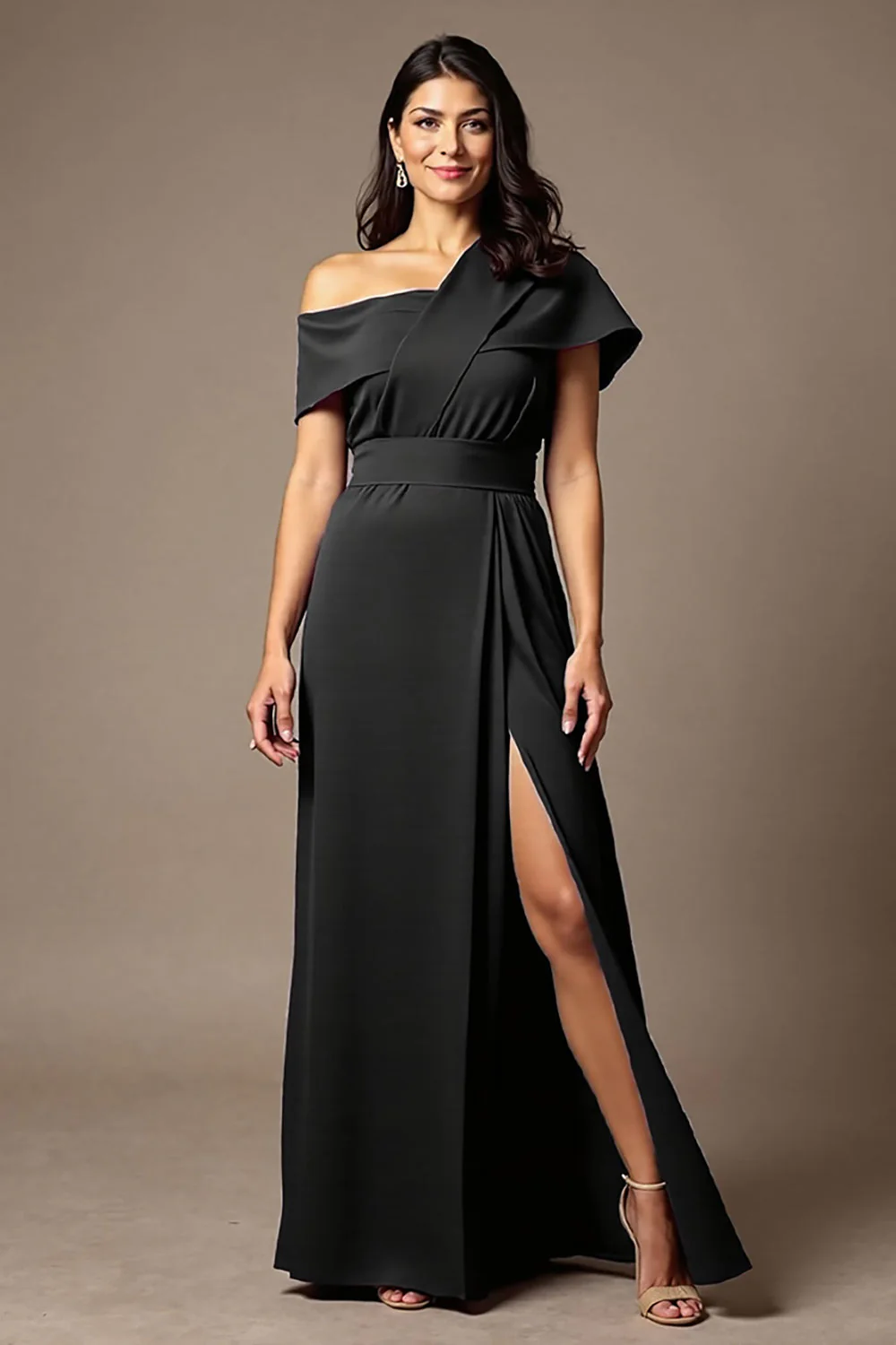 Black A Line Satin Asymmetrical Neck Long Choir Dress with Slit - Image 2
