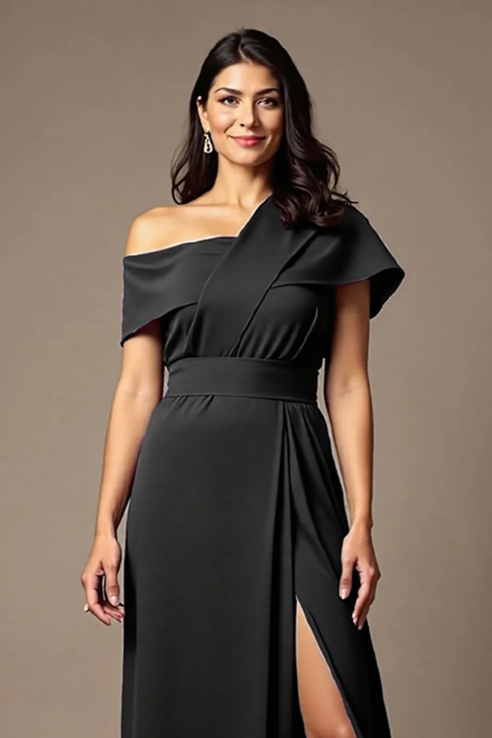 Black A Line Satin Asymmetrical Neck Long Choir Dress with Slit - Image 3