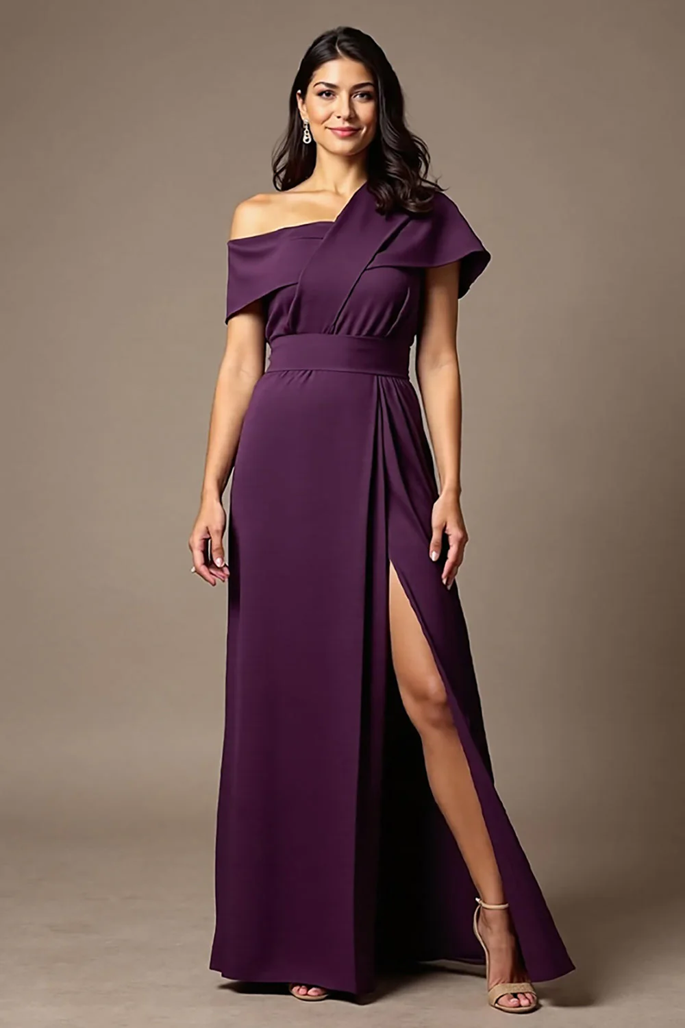 Black A Line Satin Asymmetrical Neck Long Choir Dress with Slit - Image 4