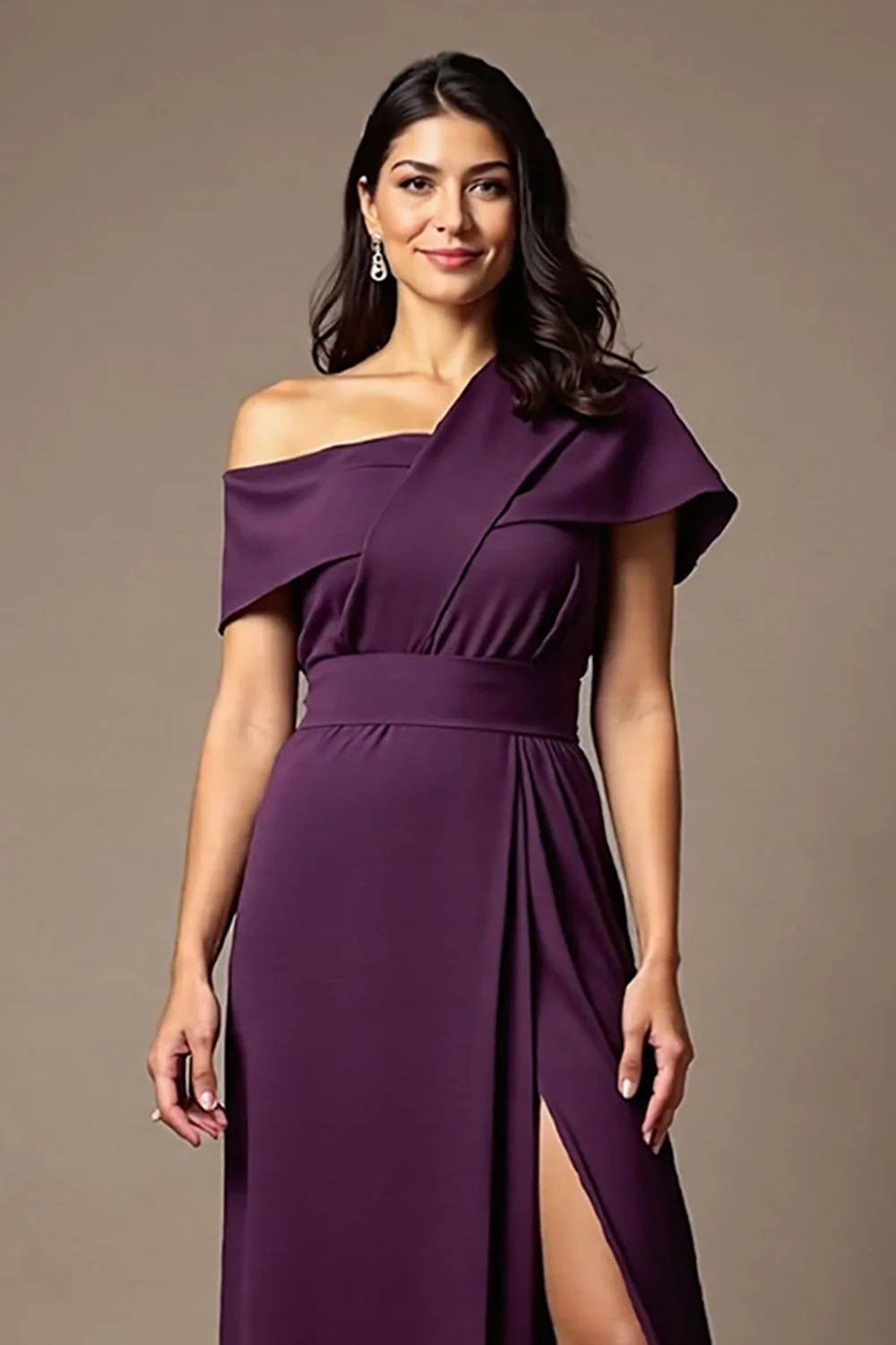 Black A Line Satin Asymmetrical Neck Long Choir Dress with Slit - Image 5