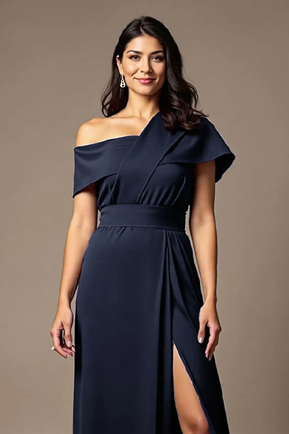 Black A Line Satin Asymmetrical Neck Long Choir Dress with Slit - Image 7
