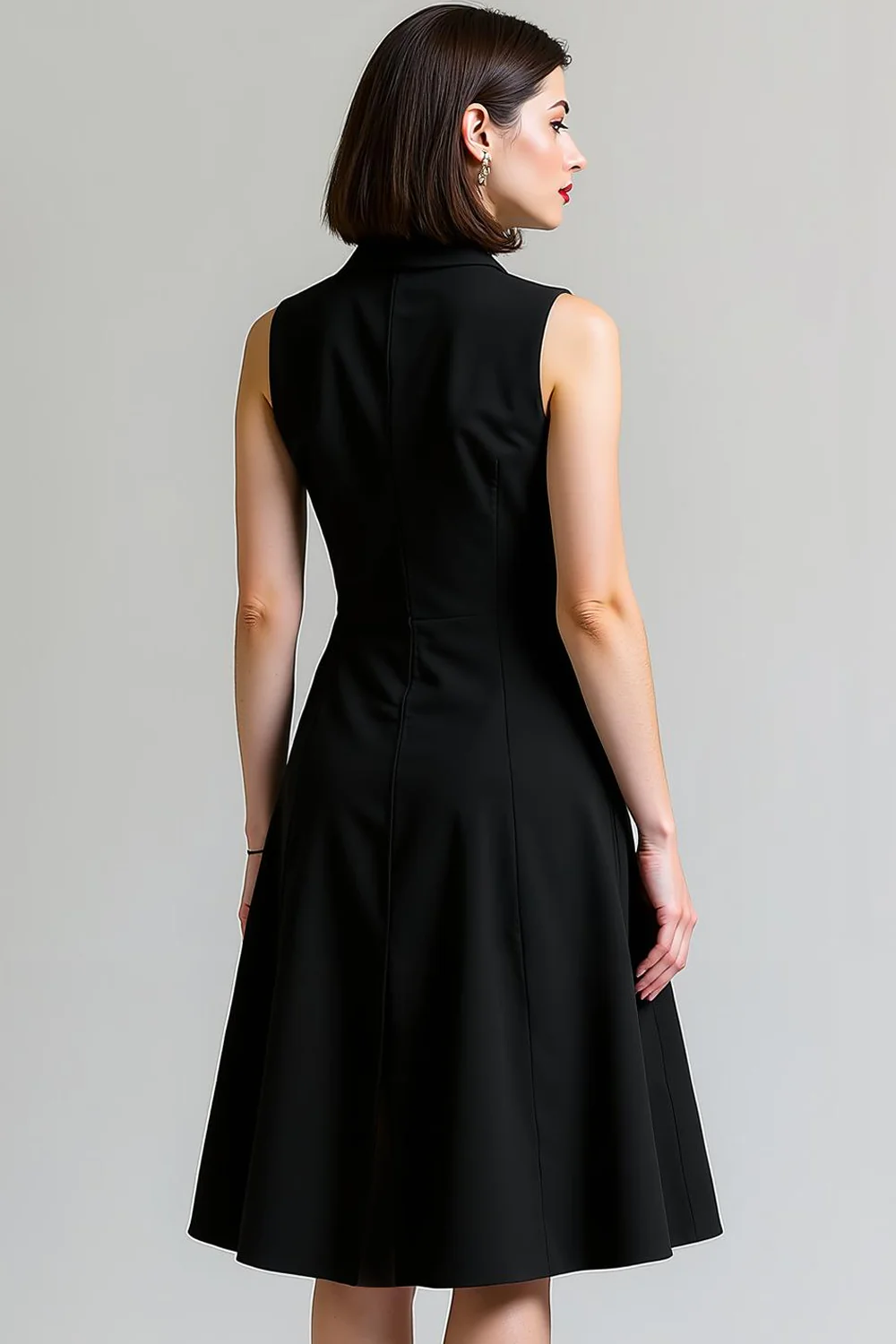 Black A Line Sleeveless Single Breasted Notched Lapel Midi Work Dress - Image 4