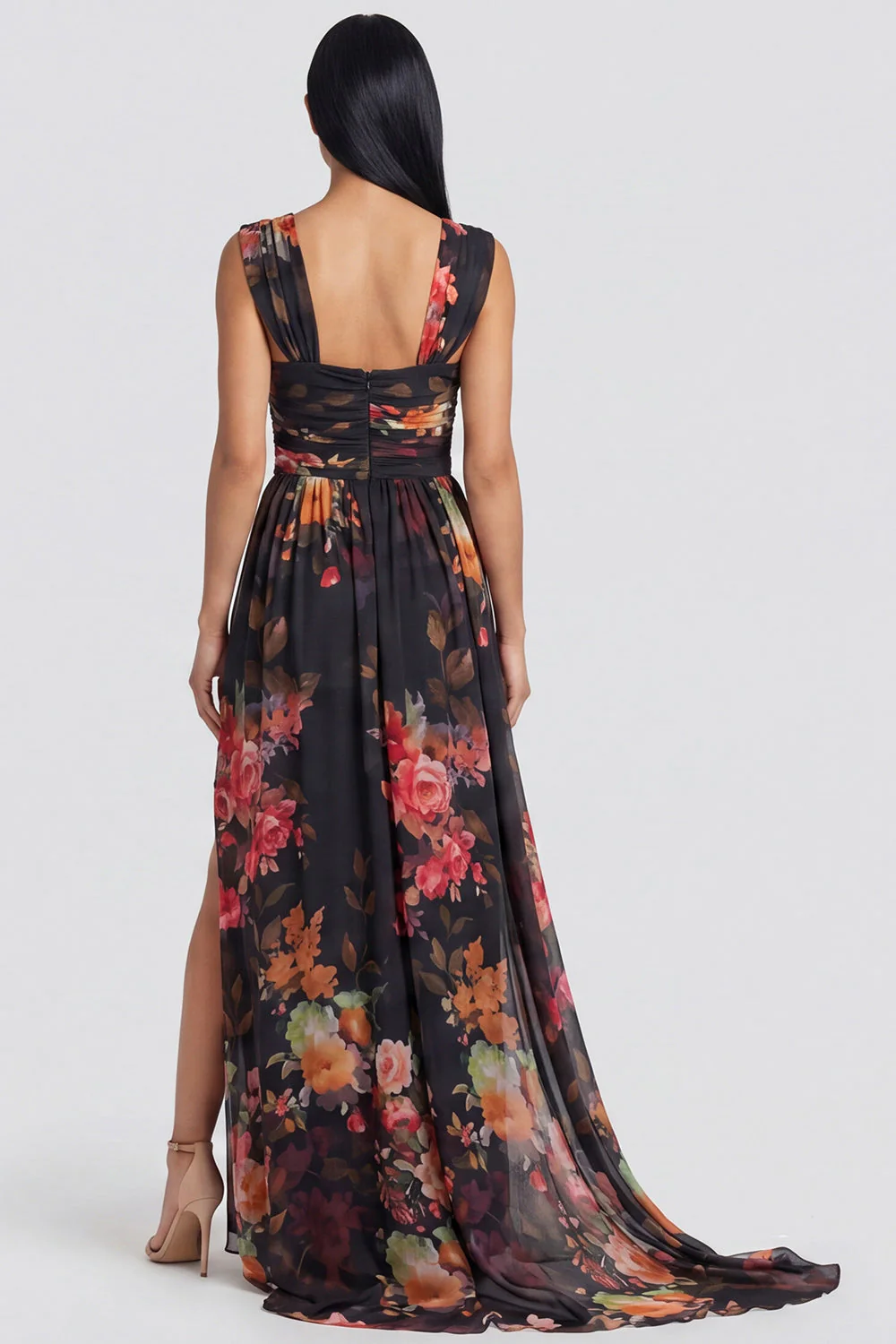 Black A Line Chiffon Square Neck Floral Dress with Slit - Image 2