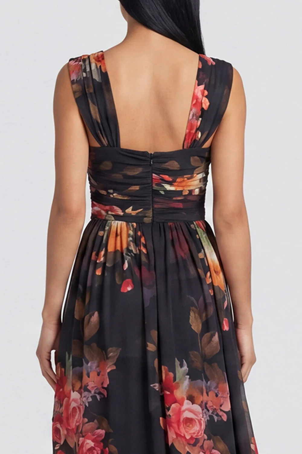 Black A Line Chiffon Square Neck Floral Dress with Slit - Image 4