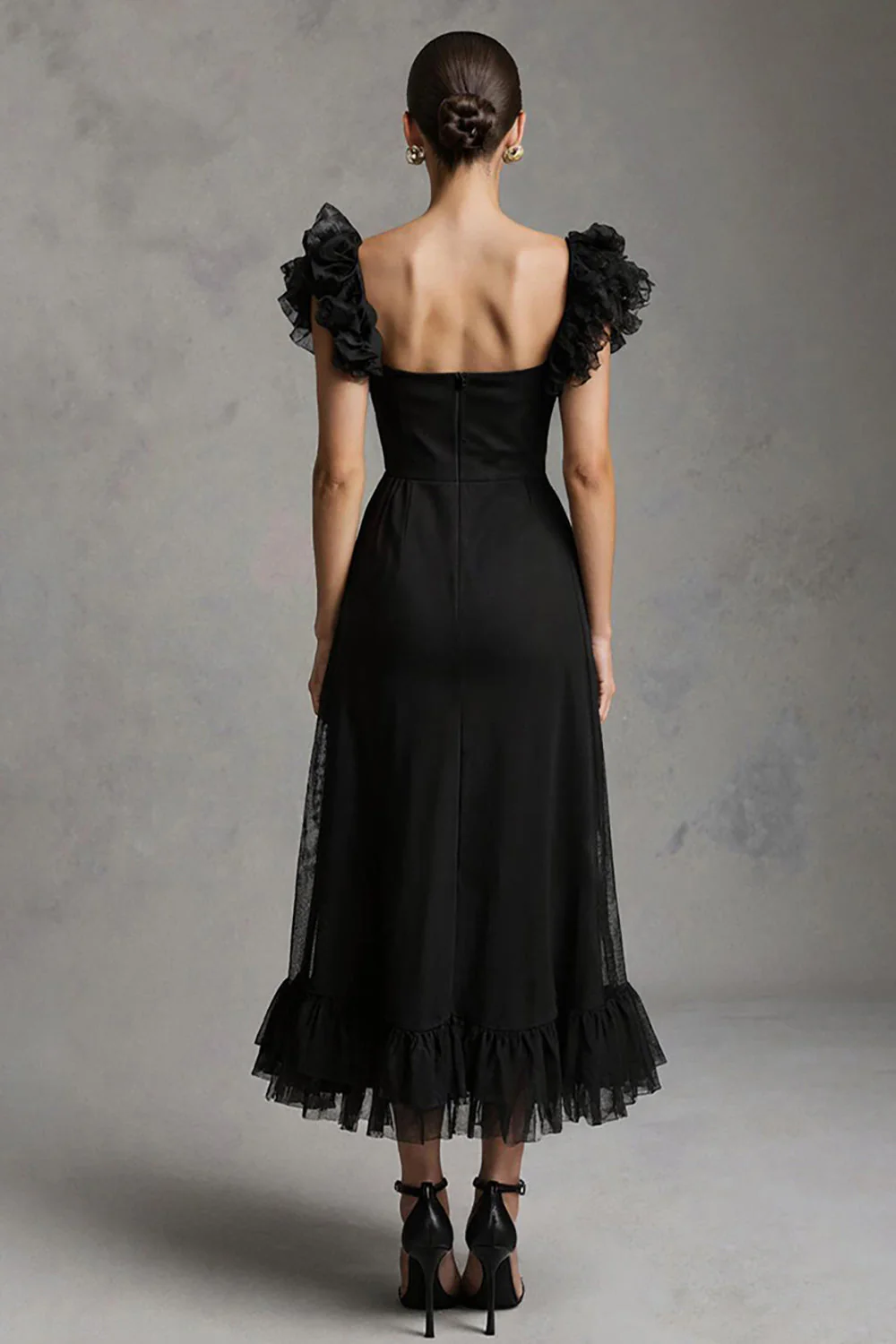 Black A Line Square Neck Maxi Formal Dress with Ruffles - Image 2