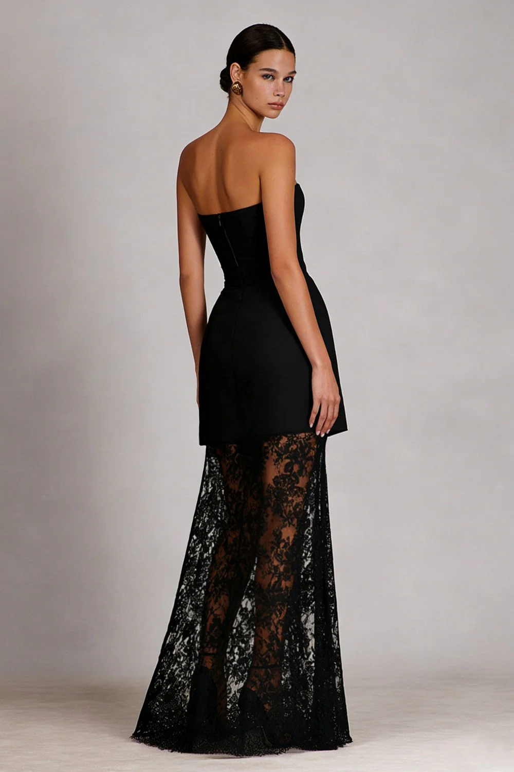 Black A-Line Strapless Long Satin Dress with Lace - Image 2