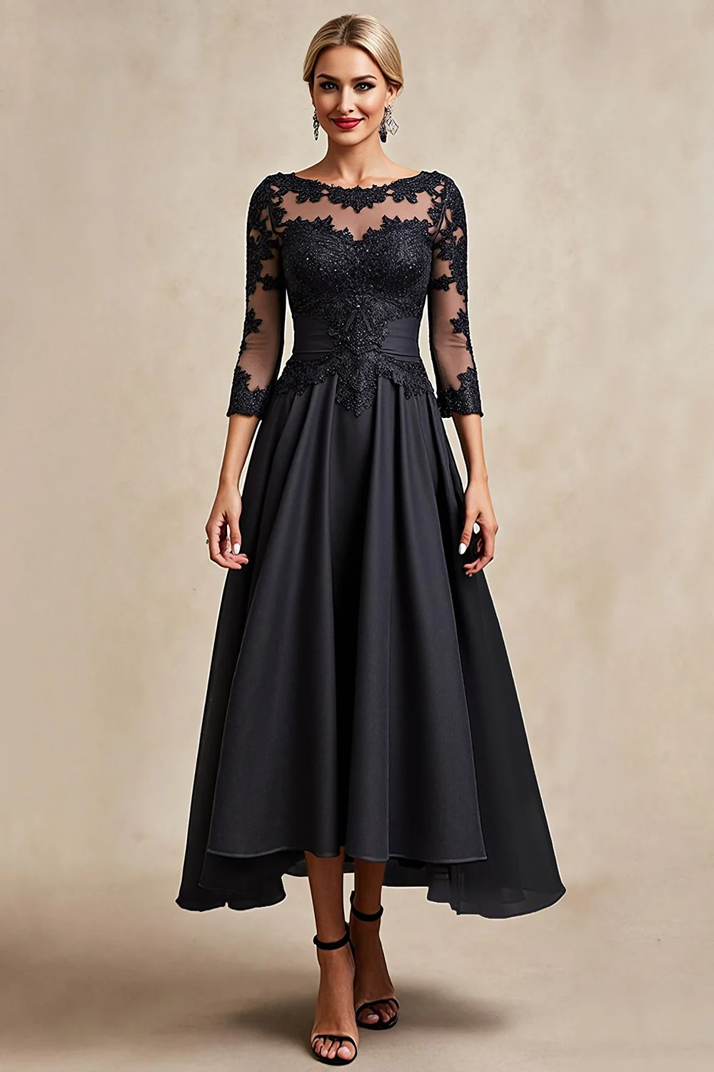 Black A Line Tea Length 3/4 Sleeve Mother of the Bride Dress with Appliques - Image 3