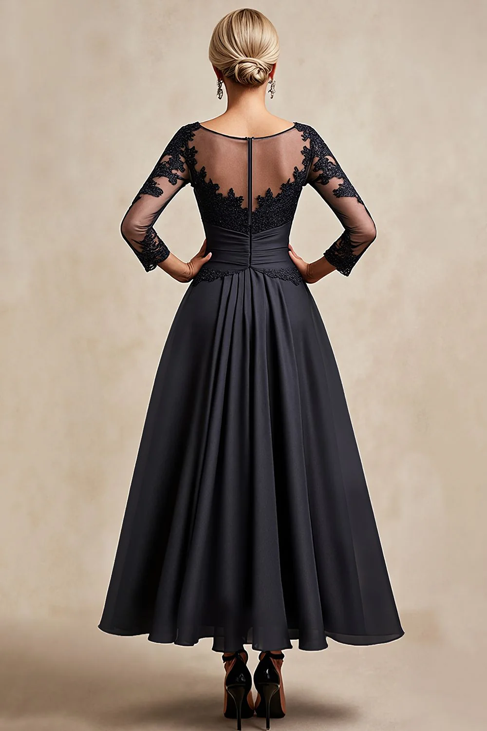 Black A Line Tea Length 3/4 Sleeve Mother of the Bride Dress with Appliques - Image 4