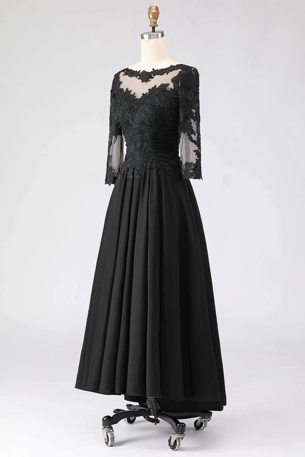 Black A Line Tea Length 3/4 Sleeve Mother of the Bride Dress with Appliques - Image 5